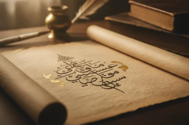 Rolled parchment with elegant Arabic calligraphy, near an inkwell and quill on a wooden desk with old books in the background.