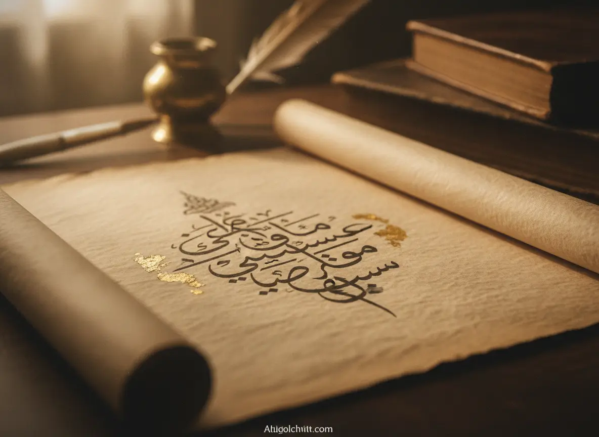 Rolled parchment with elegant Arabic calligraphy, near an inkwell and quill on a wooden desk with old books in the background.