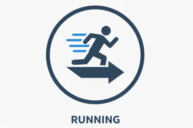 Running icon: a stylized person running with a rightward arrow inside a circle, conveying motion and speed (RUNNING).