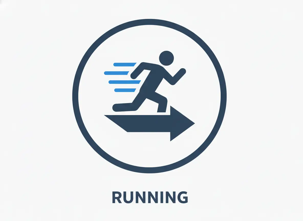 Running icon: a stylized person running with a rightward arrow inside a circle, conveying motion and speed (RUNNING).