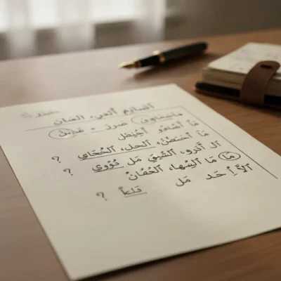Sheet of Arabic text on a wooden desk with a fountain pen and a leather-bound notebook in the background.