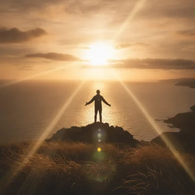 Silhouette of a person standing with arms stretched on a rocky viewpoint as the sun sets over the ocean. future tense in arabic
