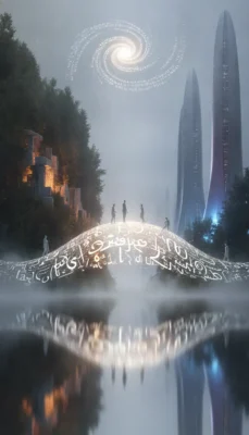 Silhouetted figures stand on a glowing rune-covered arch over a misty river, with a spiraling light above and futuristic towers nearby.