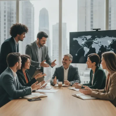 Six professionals in a modern office sit around a conference table, engaged in discussion as two stand and gesture; a world map is shown on a screen in the background.
