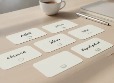 Six white rounded cards with Arabic words laid out on a light wooden desk, with a cup of coffee, a notebook, and a silver pen in the background. The scene looks like a language or learning activity.