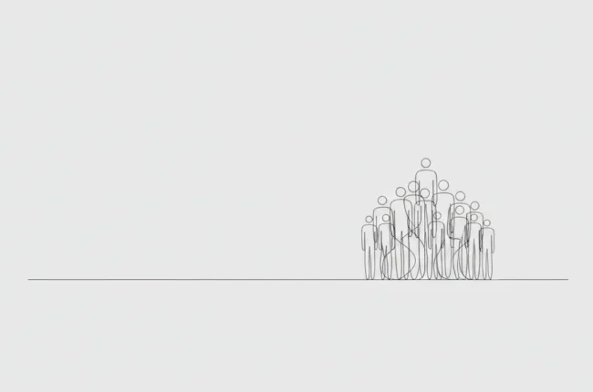 Stick-figure group standing together on a line with one taller figure at the center, suggesting leadership or hierarchy.