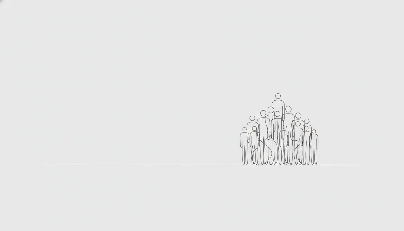 Stick-figure group standing together on a line with one taller figure at the center, suggesting leadership or hierarchy.