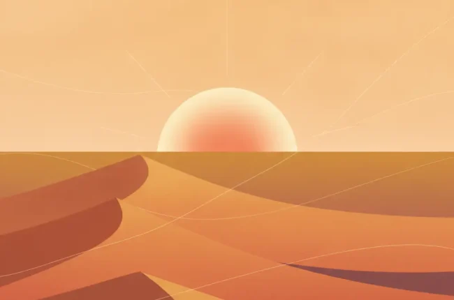 Sunset over orange desert dunes with smooth, curving ridges on the horizon