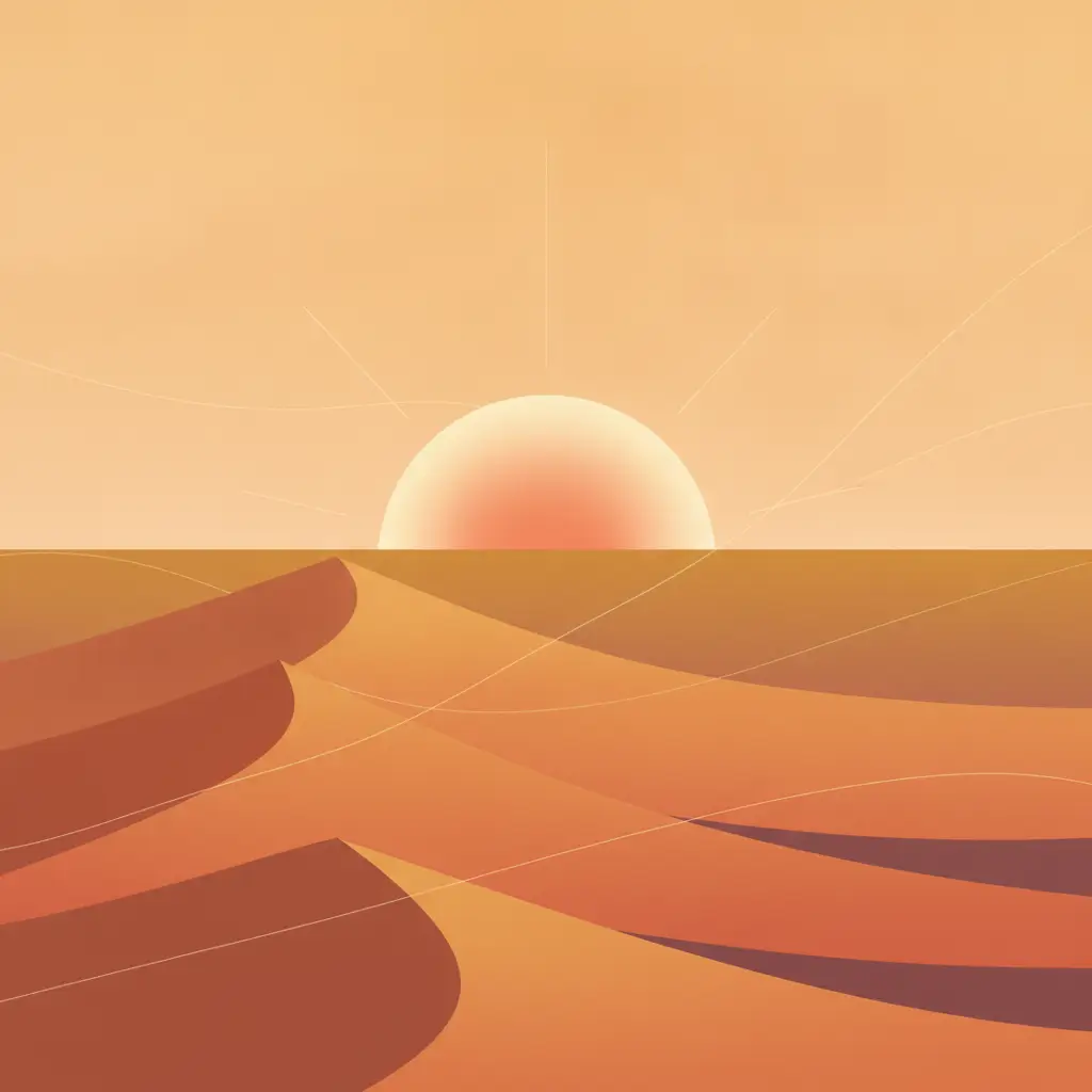 Sunset over orange desert dunes with smooth, curving ridges on the horizon