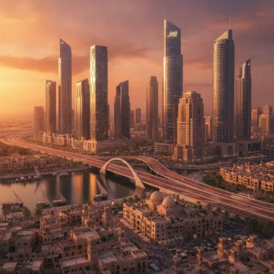 Sunset view of Dubai's skyline with tall glass towers, a curved white bridge, and a waterway in the foreground.