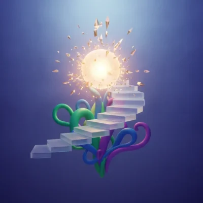 Surreal staircase rising from colorful twisting vines toward a radiant glowing sphere breaking into sparks against a blue background. why learn modern standard arabic
