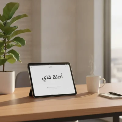 Tablet on a wooden desk displaying Arabic text, with a potted plant and steaming mug nearby in a bright, minimalist home office.