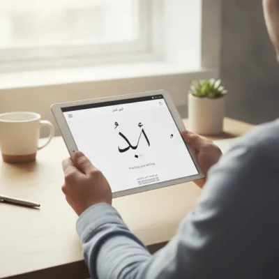 Tablet showing Arabic script for practicing writing, held by a person at a wooden desk by a mug and plant.