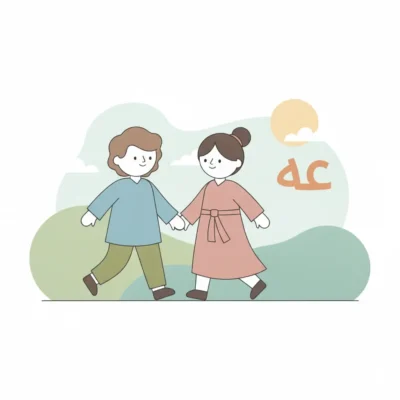 Two children holding hands and walking outdoors, with pastel hills and a sun in the sky. arabic prepositions for beginners
