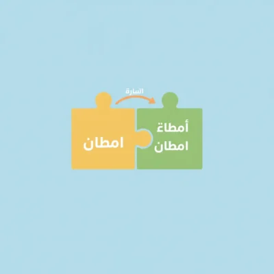 Two interlocking puzzle pieces, orange on the left and green on the right, with Arabic text on each piece and an orange curved arrow above connecting them.