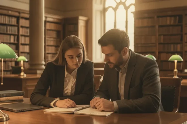 Two professionals, a man and a woman, study documents at a library table with a laptop nearby. They review a notebook together in a warm, scholarly setting.