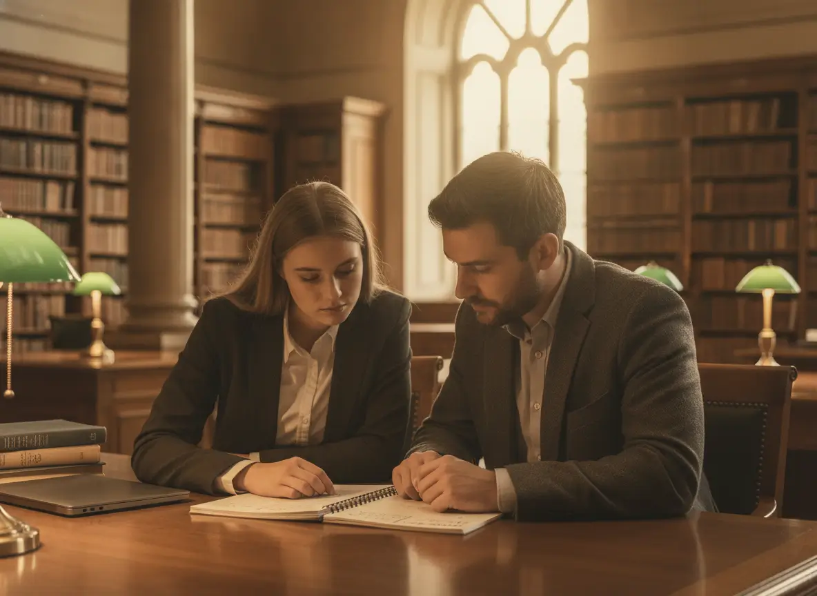 Two professionals, a man and a woman, study documents at a library table with a laptop nearby. They review a notebook together in a warm, scholarly setting.