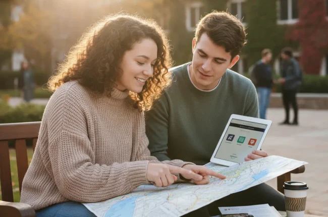 Two students sit on a bench outdoors, reviewing a large map and a tablet together on a sunny day on campus.