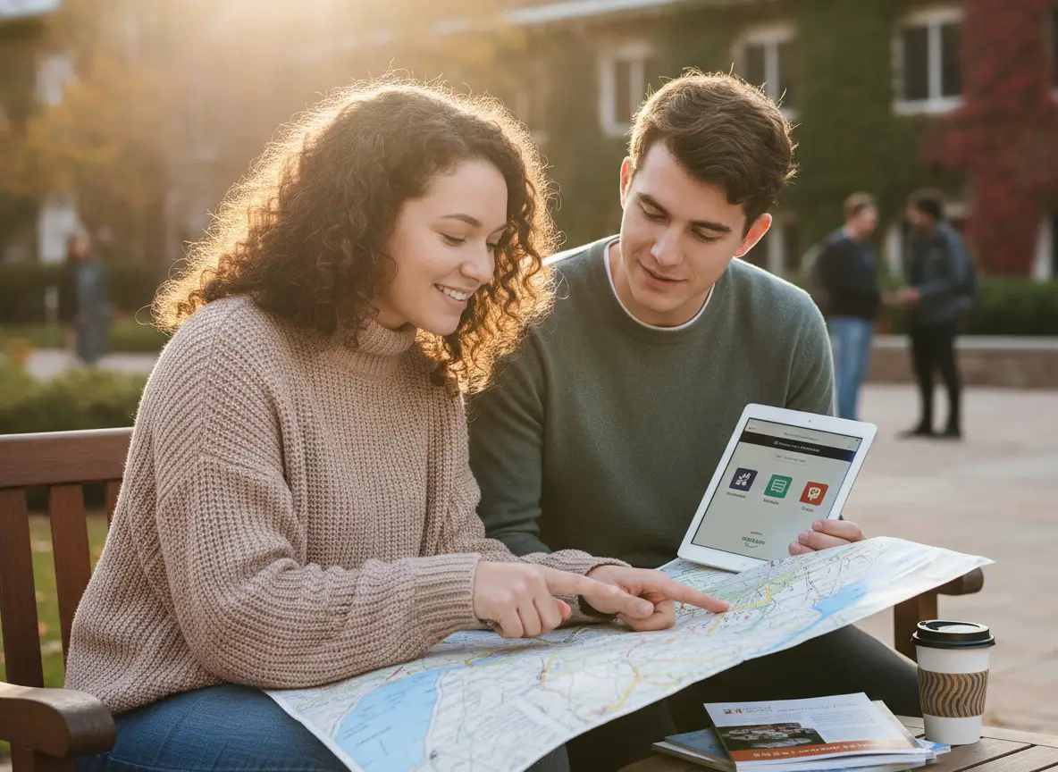 Two students sit on a bench outdoors, reviewing a large map and a tablet together on a sunny day on campus.