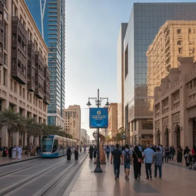 Urban street with tram tracks and a blue tram on the left, pedestrians walking between towering modern buildings.