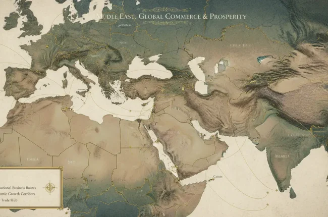 Vintage map titled 'Middle East: Global Commerce & Prosperity' showing international trade routes, economic growth corridors, and major trade hubs across Europe, the Middle East, and Asia.