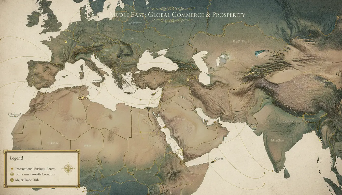 Vintage map titled 'Middle East: Global Commerce & Prosperity' showing international trade routes, economic growth corridors, and major trade hubs across Europe, the Middle East, and Asia.
