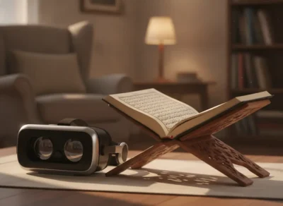 VR headset beside an open book on a carved wooden stand in a cozy living room. تعلم القرآن اونلاين
