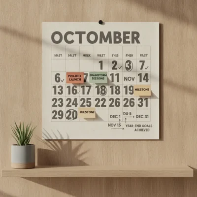 Wall calendar for October with sticky notes reading 'PROJECT LAUNCH' and 'BRAINSTORM SESSIONS' on a wooden shelf. free trial lesson questions
