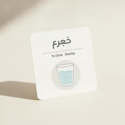 White card with foreign script and the phrase 'To Drink Shariba' above a simple illustration of a glass of water.