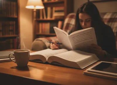 Woman reading a large open book at a wooden table in a cozy library, with a mug of coffee nearby and a pen in hand. benefits of modern standard arabic
