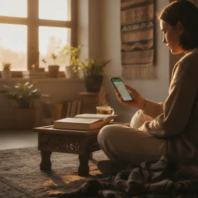 Woman sitting on a rug in a sunlit living room, reading on her phone with a cup of tea and books on a low table beside her.