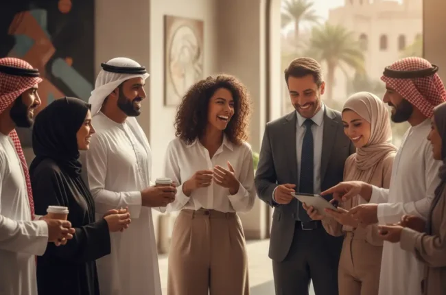 A diverse group of professionals smiles and chats in a hallway, one person showing a tablet to the others.