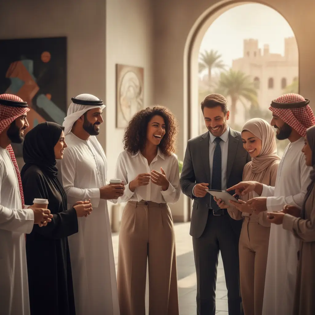 A diverse group of professionals smiles and chats in a hallway, one person showing a tablet to the others.
