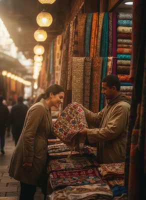 A woman and a man swap a patterned rug at a busy indoor market, with shelves of colorful carpets behind them.
