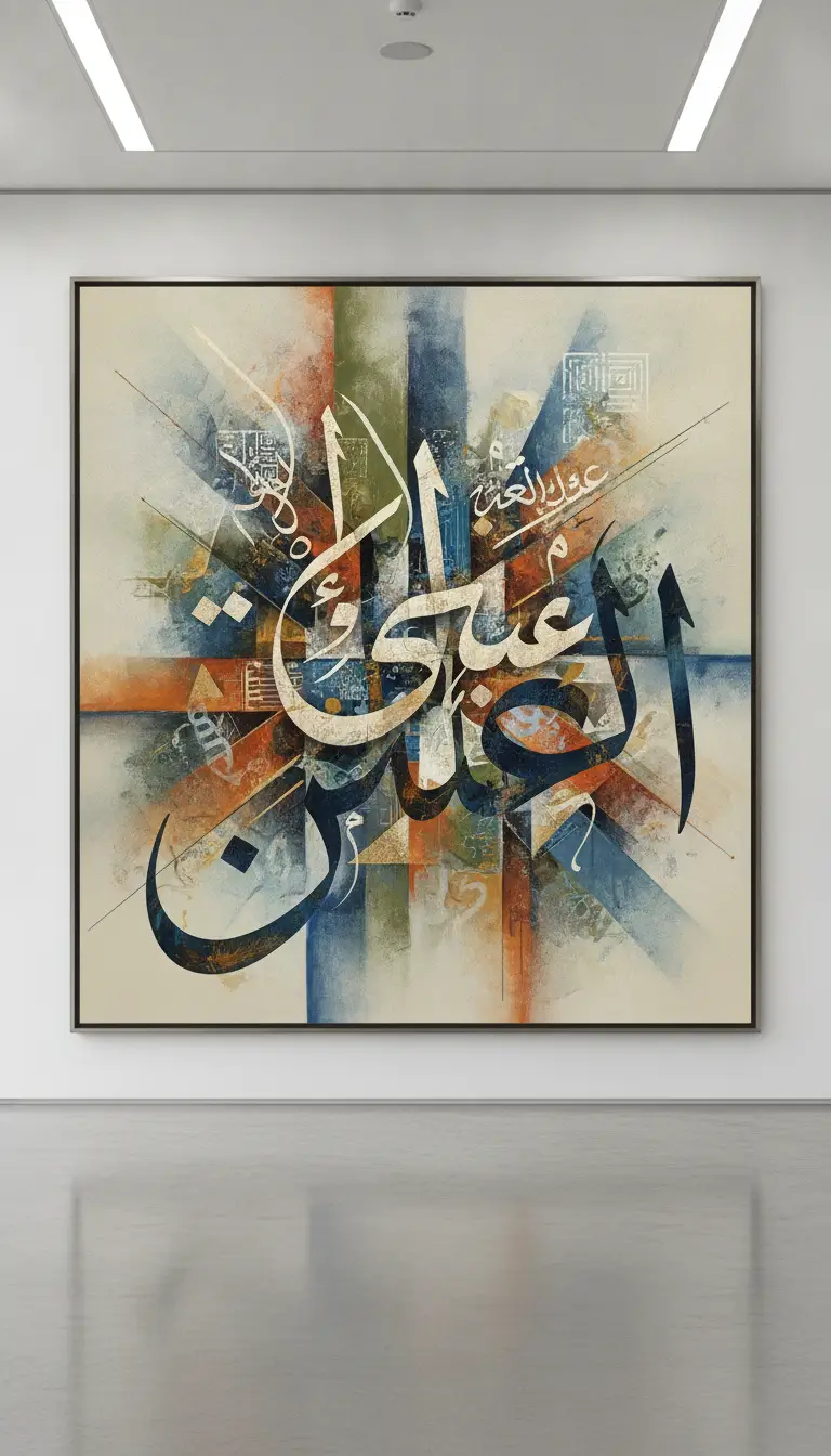 Abstract Arabic calligraphy artwork with colorful geometric shapes in a frame on a white gallery wall.
