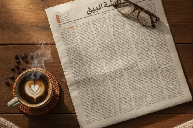 An Arabic newspaper folded on a wooden table with reading glasses resting on top, a cup of cappuccino with a heart latte art nearby, and beans and a cozy scarf nearby.