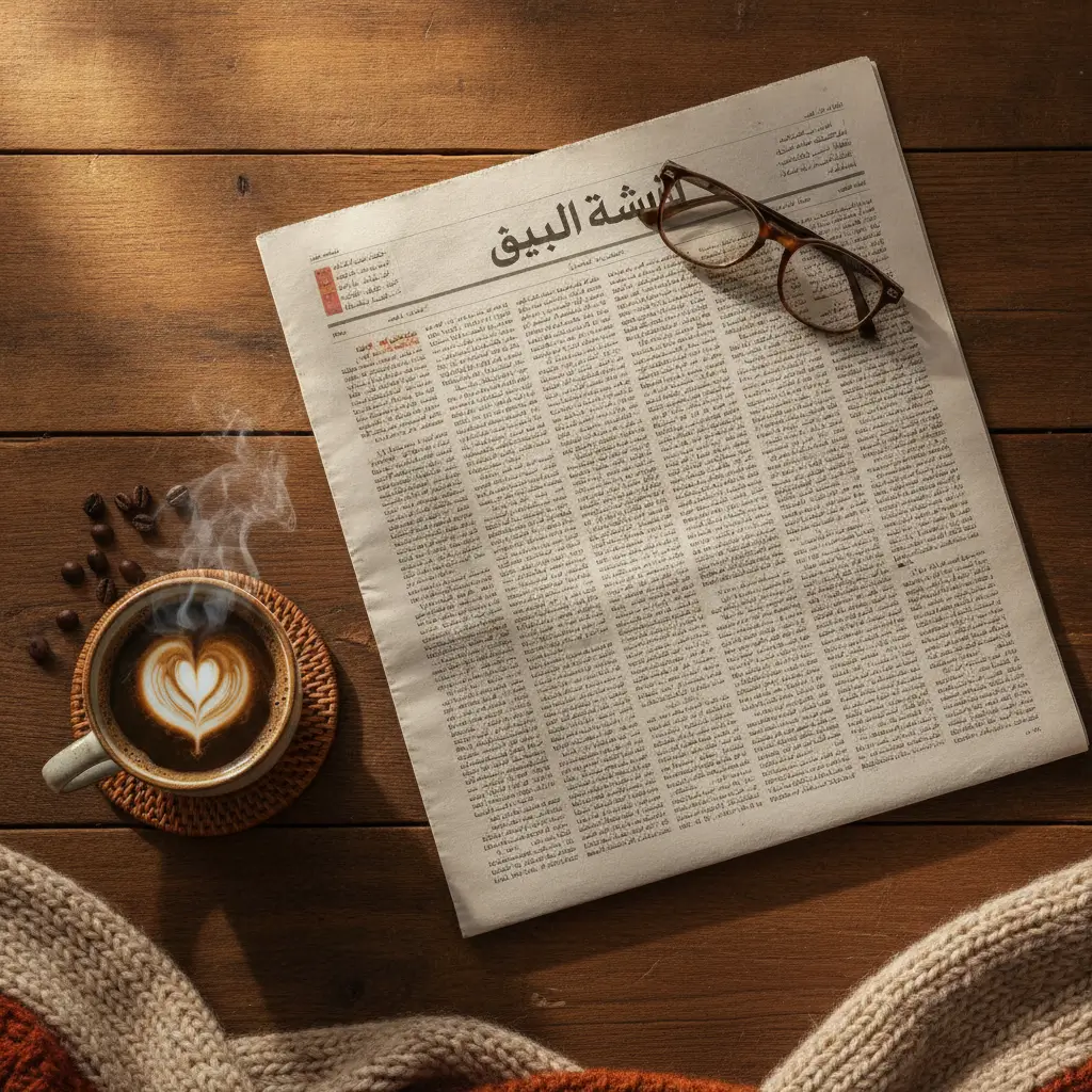 An Arabic newspaper folded on a wooden table with reading glasses resting on top, a cup of cappuccino with a heart latte art nearby, and beans and a cozy scarf nearby.