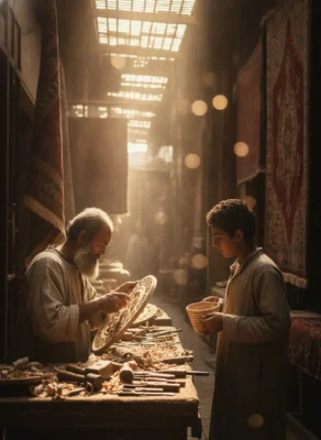 An elderly craftsman with a beard works on a carved circular disk while a boy holds a wicker basket in a sunlit market alley.