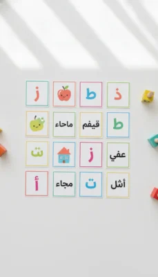 Arabic alphabet cards with colorful borders arranged in a grid, each card showing a letter or small illustration (apple, house) on a white background.