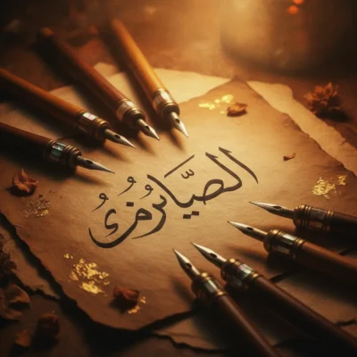 Arabic calligraphy on parchment reading 'الصبر' (patience), surrounded by multiple nib pens on a warm-toned desk. كورسات عربية للمسلمين
