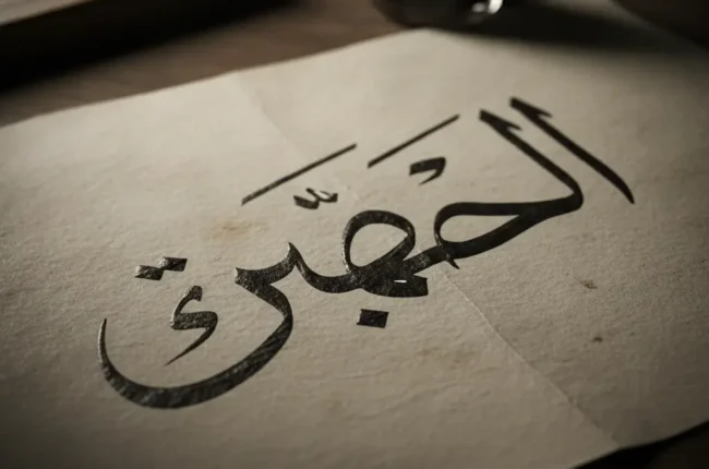 Arabic calligraphy written in black ink on a sheet of paper, with an ink bottle in the background on a desk.