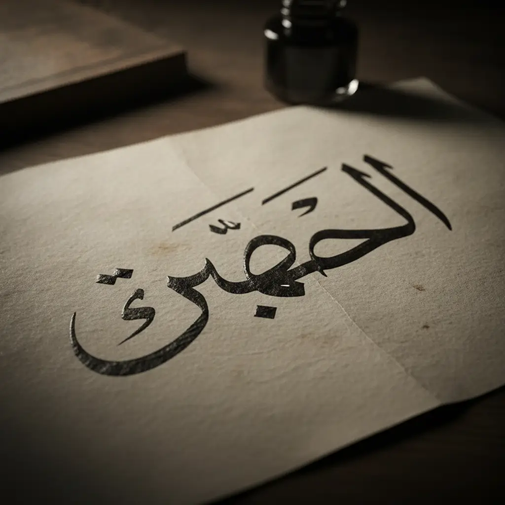 Arabic calligraphy written in black ink on a sheet of paper, with an ink bottle in the background on a desk.