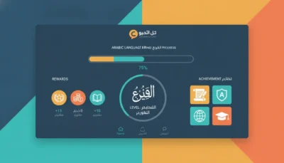 Arabic language learning progress screen with a 75% progress bar, a central circular badge with Arabic text, rewards icons on the left, and achievement icons on the right.