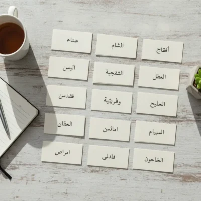 Arabic vocabulary flashcards spread on a light wooden table next to a coffee mug and a notebook for language study.
