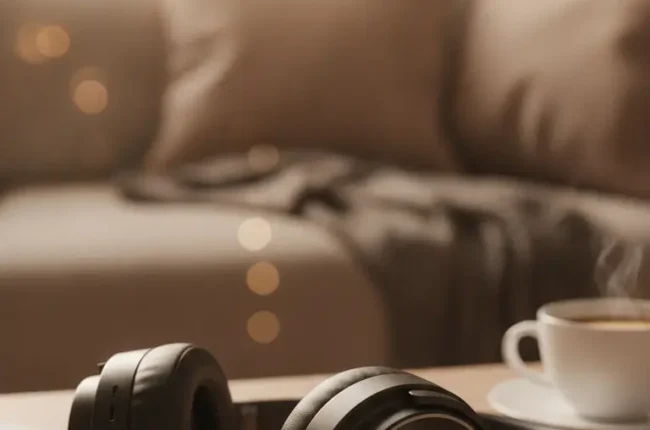 Black over-ear headphones rest on a smartphone with Arabic text on the screen, on a wooden table beside a steaming coffee cup in a cozy living room setting