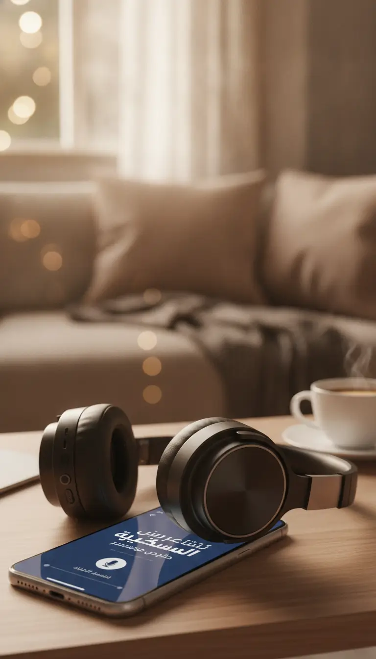 Black over-ear headphones rest on a smartphone with Arabic text on the screen, on a wooden table beside a steaming coffee cup in a cozy living room setting