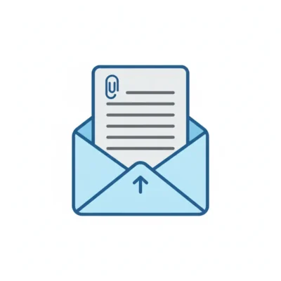 Blue envelope with a letter partially inside, arrow on the flap suggesting sending mail or email.