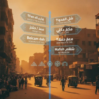 Blue signpost with multiple bilingual Arabic–English signs (Where’s the nearest?; How much is this; No problem) on a busy sunlit street.