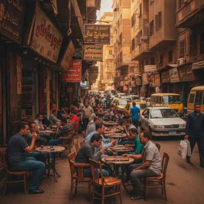 Bustling street café with people dining at round tables along a narrow alley lined with Arabic signs and storefronts.