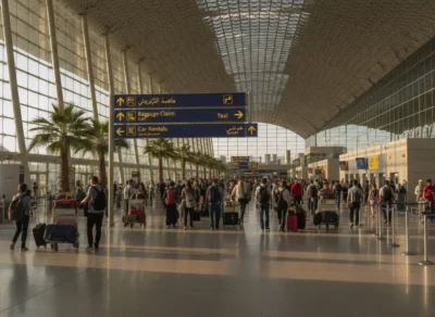Busy airport terminal with travelers and rolling suitcases under a glass ceiling and blue directional signs for baggage claim, taxi, and car rentals. egyptian arabic getting around cairo
